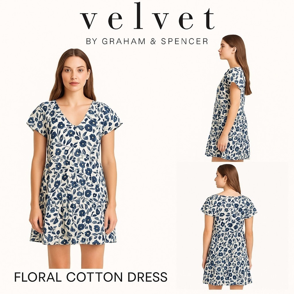 Velvet by Graham & Spencer Floral Cotton Dress M Flutter Sleeve Tiered Mini